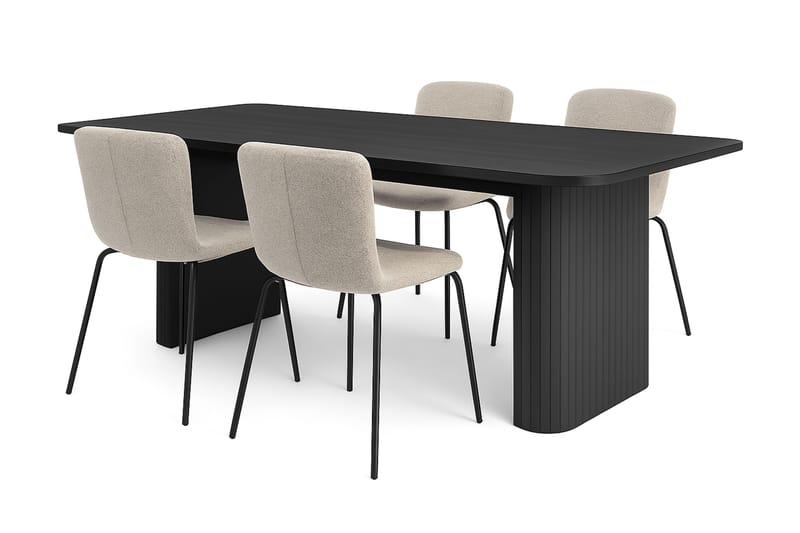 Kopparbo Matbord 180-240 cm Förlängningsbart med 4 Katy Matstolar, Svart / Greige Bouclé / Metallben Svart