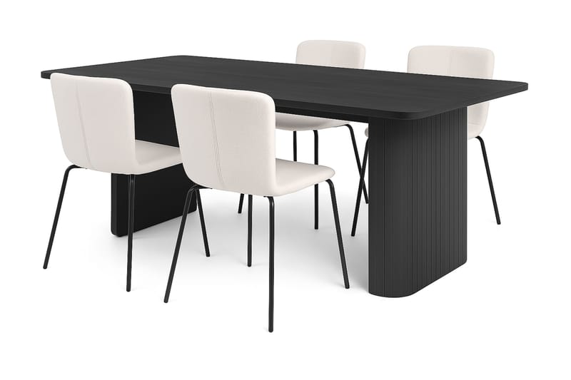Kopparbo Matbord 180-240 cm Förlängningsbart med 4 Katy Matstolar, Svart / Vit Bouclé / Metallben Svart