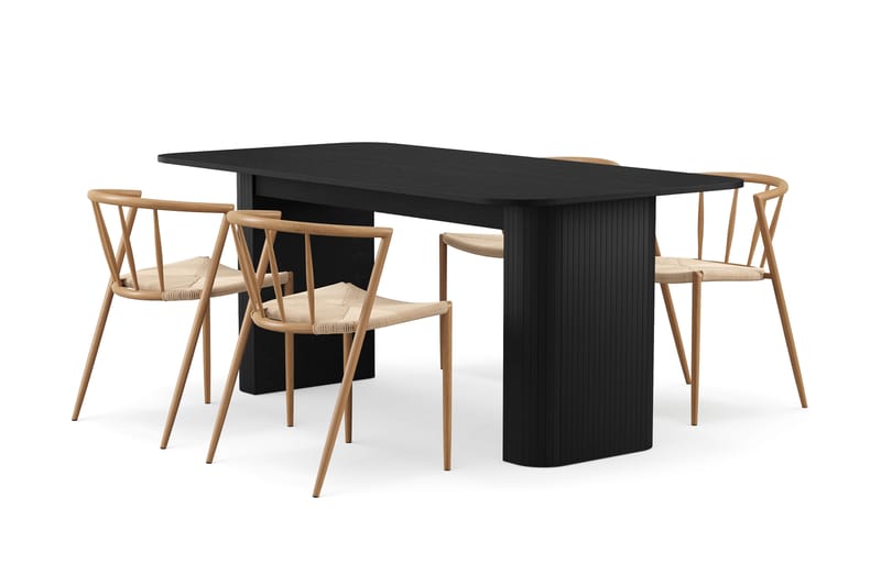 Kopparbo Matbord 180-240 cm Förlängningsbart med 4 Winston Matstolar, Svart / Beige / Metallben Ek