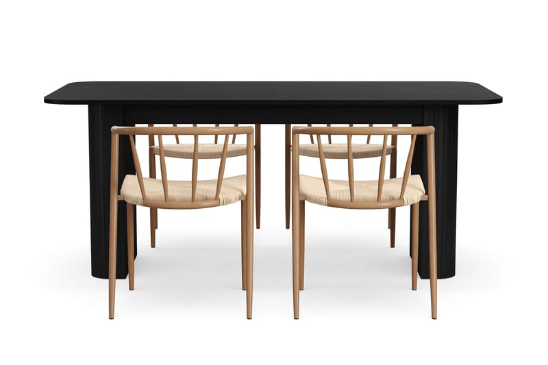 Kopparbo Matbord 180-240 cm Förlängningsbart med 4 Winston Matstolar - Svart / Beige / Metallben Ek - Möbler - Matplats - Matgrupp & matbord med stolar