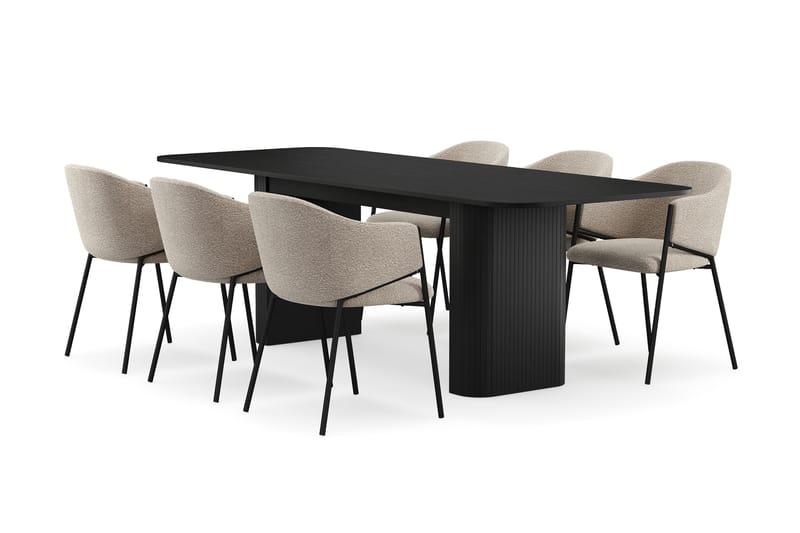 Kopparbo Matbord 180-240 cm Förlängningsbart med 6 Filip Matstolar, Svart / Taupe Bouclé