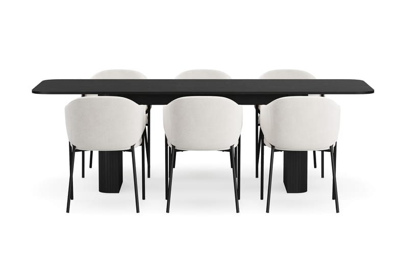 Kopparbo Matbord 180-240 cm Förlängningsbart med 6 Filip Matstolar - Svart / Vit Bouclé - Möbler - Matplats - Matgrupp & matbord med stolar