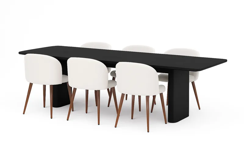 Kopparbo Matbord 180-240 cm Förlängningsbart med 6 Greya Matstolar med armstöd, Svart / Vit Bouclé / Metallben Valnöt