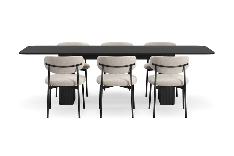 Kopparbo Matbord 180-240 cm Förlängningsbart med 6 Lucy Matstolar - Svart / Greige Bouclé / Metallben Svart - Möbler - Matplats - Matgrupp & matbord med stolar