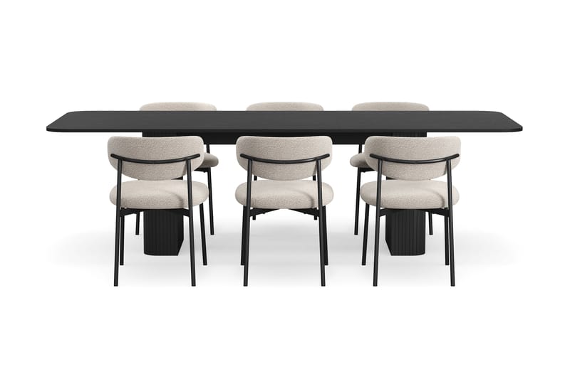 Kopparbo Matbord 180-240 cm Förlängningsbart med 6 Lucy Matstolar - Svart / Greige Bouclé / Metallben Svart - Möbler - Matplats - Matgrupp & matbord med stolar