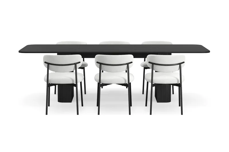 Kopparbo Matbord 180-240 cm Förlängningsbart med 6 Lucy Matstolar - Svart / Vit Bouclé / Metallben Svart - Möbler - Matplats - Matgrupp & matbord med stolar