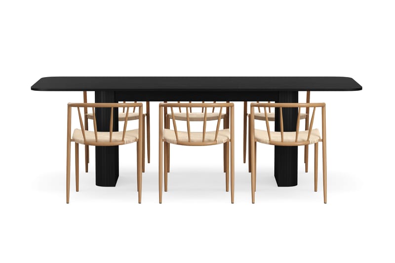 Kopparbo Matbord 180-240 cm Förlängningsbart med 6 Winston Matstolar - Svart / Beige / Metallben Ek - Möbler - Matplats - Matgrupp & matbord med stolar