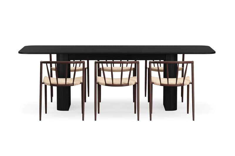 Kopparbo Matbord 180-240 cm Förlängningsbart med 6 Winston Matstolar - Svart / Beige / Metallben Rökt ek - Möbler - Matplats - Matgrupp & matbord med stolar