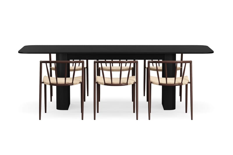 Kopparbo Matbord 180-240 cm Förlängningsbart med 6 Winston Matstolar - Svart / Beige / Metallben Rökt ek - Möbler - Matplats - Matgrupp & matbord med stolar