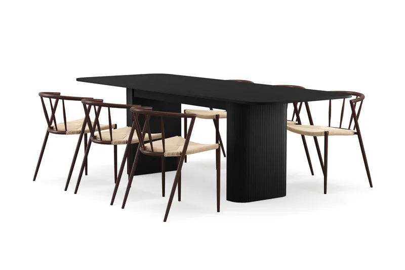 Kopparbo Matbord 180-240 cm Förlängningsbart med 6 Winston Matstolar, Svart / Beige / Metallben Rökt ek