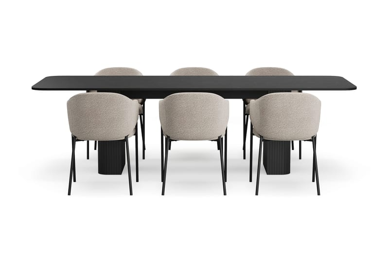 Kopparbo Matbord 200-260 cm Förlängningsbart med 6 Filip Matstolar - Svart / Taupe Bouclé - Möbler - Matplats - Matgrupp & matbord med stolar