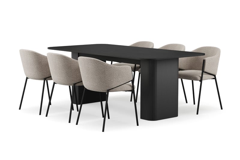 Kopparbo Matbord 200-260 cm Förlängningsbart med 6 Filip Matstolar, Svart / Taupe Bouclé