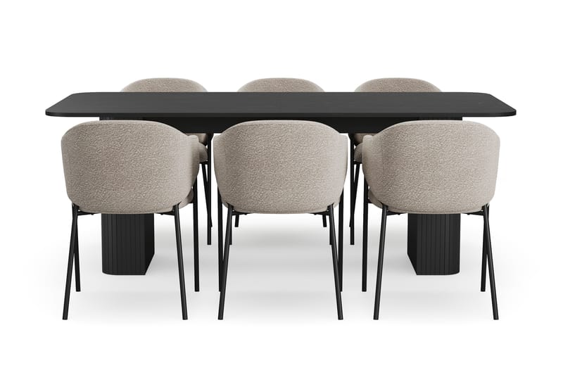 Kopparbo Matbord 200-260 cm Förlängningsbart med 6 Filip Matstolar - Svart / Taupe Bouclé - Möbler - Matplats - Matgrupp & matbord med stolar