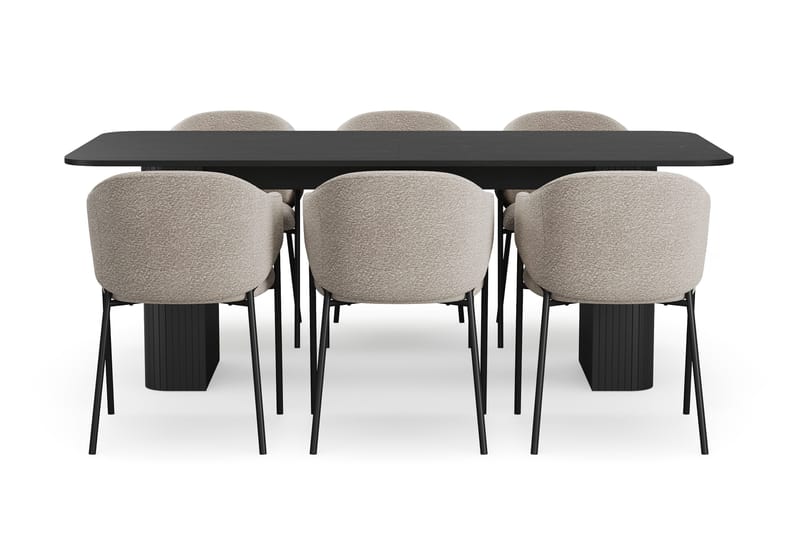 Kopparbo Matbord 200-260 cm Förlängningsbart med 6 Filip Matstolar - Svart / Taupe Bouclé - Möbler - Matplats - Matgrupp & matbord med stolar