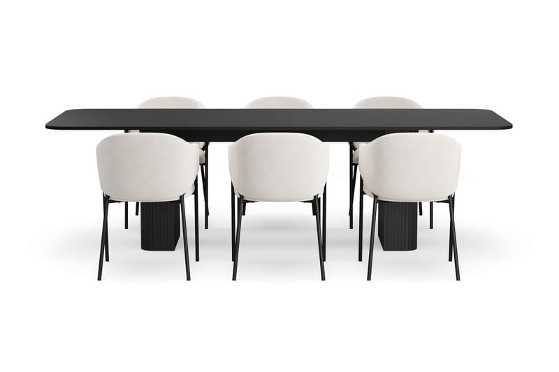 Kopparbo Matbord 200-260 cm Förlängningsbart med 6 Filip Matstolar - Svart / Vit Bouclé - Möbler - Matplats - Matgrupp & matbord med stolar