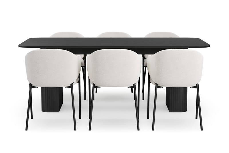 Kopparbo Matbord 200-260 cm Förlängningsbart med 6 Filip Matstolar - Svart / Vit Bouclé - Möbler - Matplats - Matgrupp & matbord med stolar