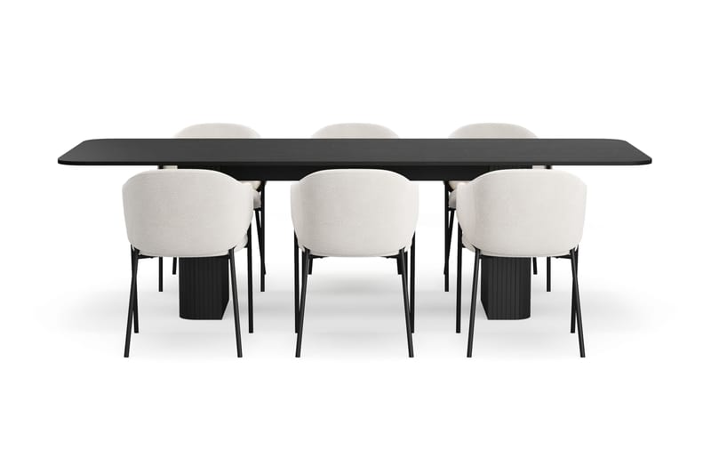 Kopparbo Matbord 200-260 cm Förlängningsbart med 6 Filip Matstolar - Svart / Vit Bouclé - Möbler - Matplats - Matgrupp & matbord med stolar