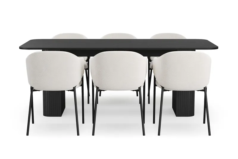 Kopparbo Matbord 200-260 cm Förlängningsbart med 6 Filip Matstolar - Svart / Vit Bouclé - Möbler - Matplats - Matgrupp & matbord med stolar