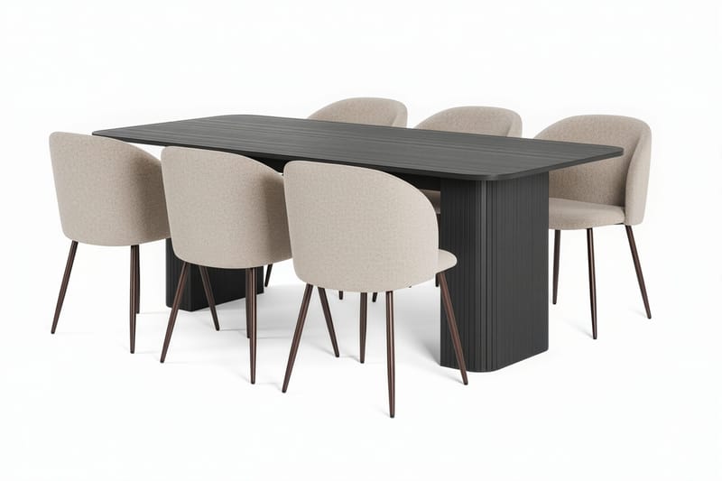 Kopparbo Matbord 200-260 cm Förlängningsbart med 6 Greya Matstolar med armstöd, Svart / Greige Bouclé / Metallben Ek