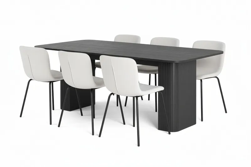 Kopparbo Matbord 200-260 cm Förlängningsbart med 6 Katy Matstolar, Svart / Vit Bouclé / Metallben Svart