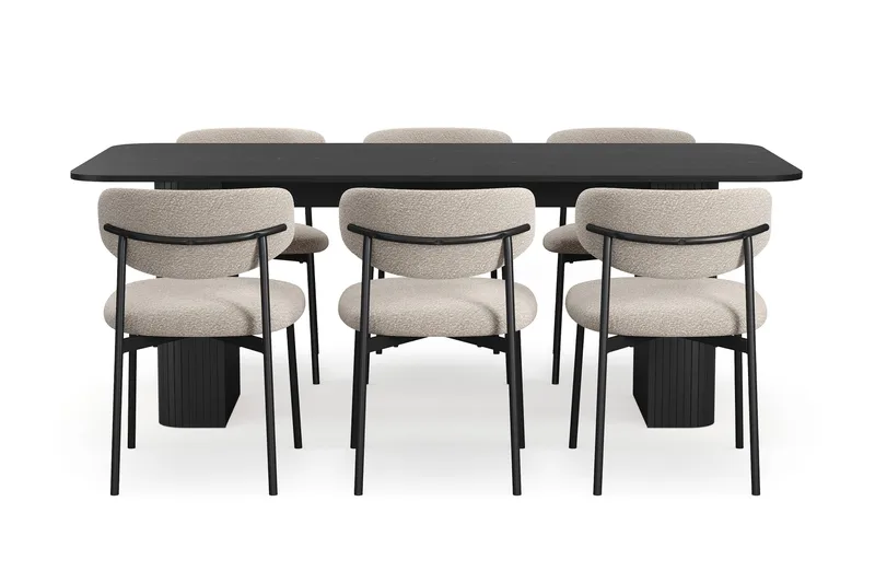 Kopparbo Matbord 200-260 cm Förlängningsbart med 6 Lucy Matstolar - Svart / Greige Bouclé / Metallben Svart - Möbler - Matplats - Matgrupp & matbord med stolar