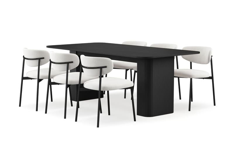 Kopparbo Matbord 200-260 cm Förlängningsbart med 6 Lucy Matstolar, Svart / Vit Bouclé / Metallben Svart