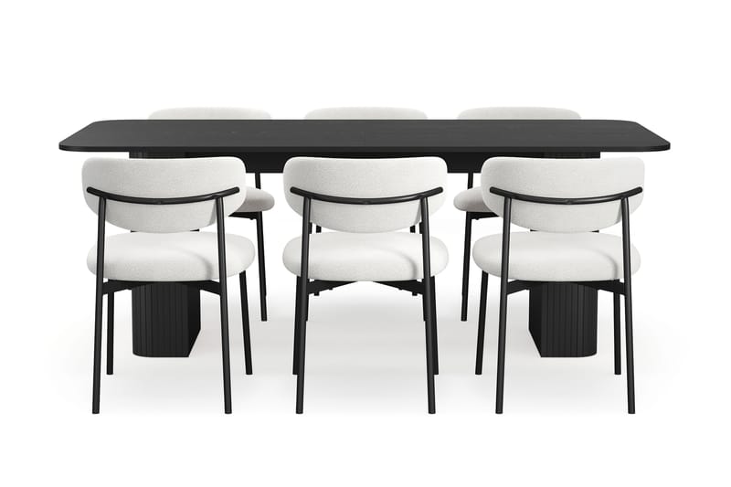 Kopparbo Matbord 200-260 cm Förlängningsbart med 6 Lucy Matstolar - Svart / Vit Bouclé / Metallben Svart - Möbler - Matplats - Matgrupp & matbord med stolar