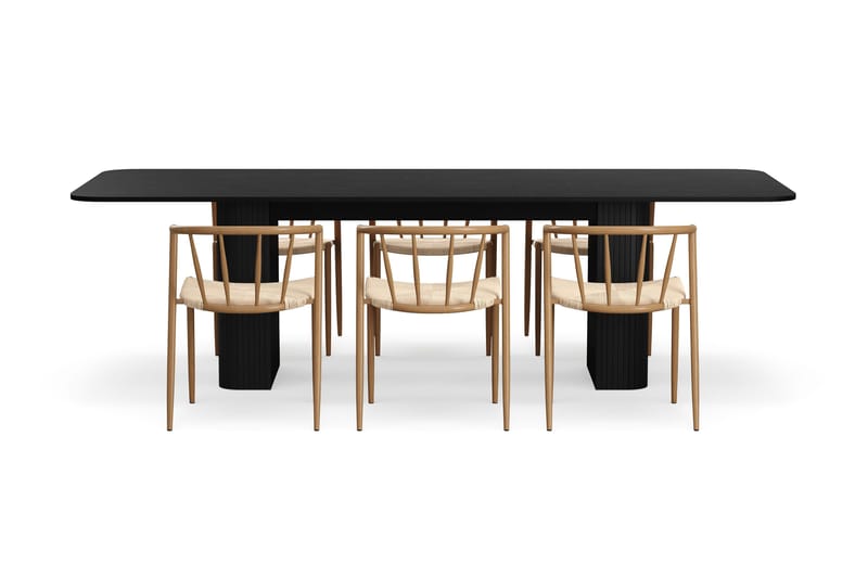 Kopparbo Matbord 200-260 cm Förlängningsbart med 6 Winston Matstolar - Svart / Beige / Metallben Ek - Möbler - Matplats - Matgrupp & matbord med stolar