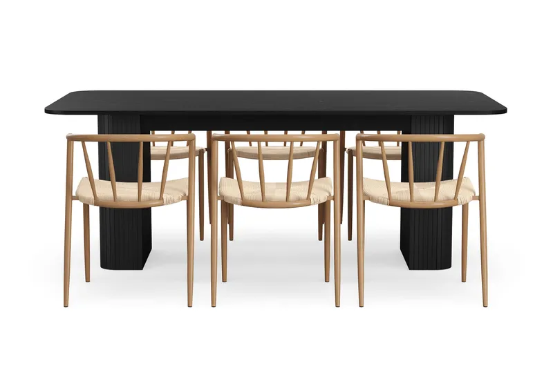 Kopparbo Matbord 200-260 cm Förlängningsbart med 6 Winston Matstolar - Svart / Beige / Metallben Ek - Möbler - Matplats - Matgrupp & matbord med stolar