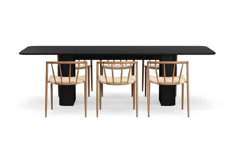 Kopparbo Matbord 200-260 cm Förlängningsbart med 6 Winston Matstolar - Svart / Beige / Metallben Ek - Möbler - Matplats - Matgrupp & matbord med stolar