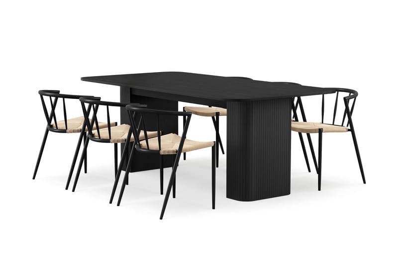 Kopparbo Matbord 200-260 cm Förlängningsbart med 6 Winston Matstolar, Svart / Beige / Metallben Svart