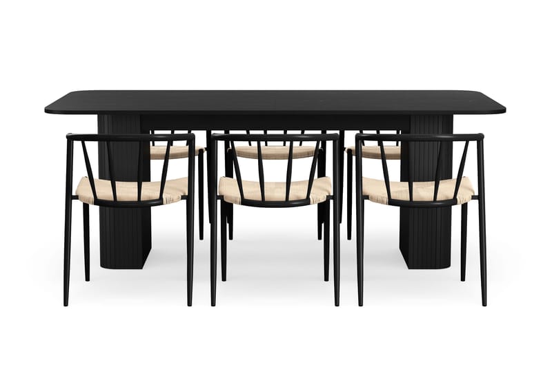 Kopparbo Matbord 200-260 cm Förlängningsbart med 6 Winston Matstolar - Svart / Beige / Metallben Svart - Möbler - Matplats - Matgrupp & matbord med stolar