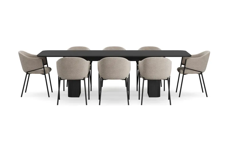Kopparbo Matbord 200-260 cm Förlängningsbart med 8 Filip Matstolar - Svart / Taupe Bouclé - Möbler - Matplats - Matgrupp & matbord med stolar