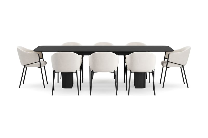 Kopparbo Matbord 200-260 cm Förlängningsbart med 8 Filip Matstolar - Svart / Vit Bouclé - Möbler - Matplats - Matgrupp & matbord med stolar