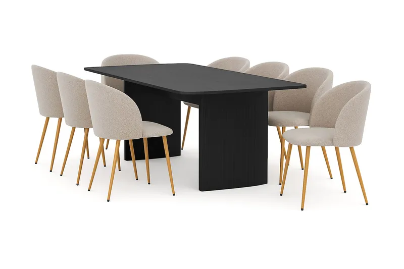 Kopparbo Matbord 200-260 cm Förlängningsbart med 8 Greya Matstolar med armstöd, Svart / Greige Bouclé / Metallben Ek