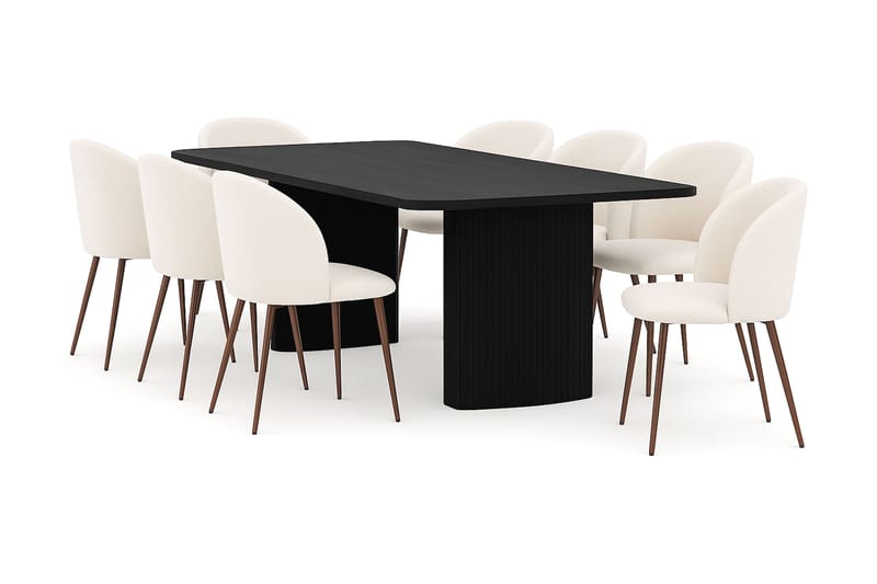 Kopparbo Matbord 200-260 cm Förlängningsbart med 8 Greya Matstolar med armstöd, Svart / Vit Bouclé / Metallben Valnöt