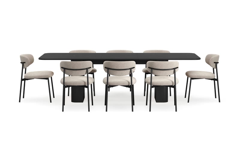 Kopparbo Matbord 200-260 cm Förlängningsbart med 8 Lucy Matstolar - Svart / Greige Bouclé / Metallben Svart - Möbler - Matplats - Matgrupp & matbord med stolar