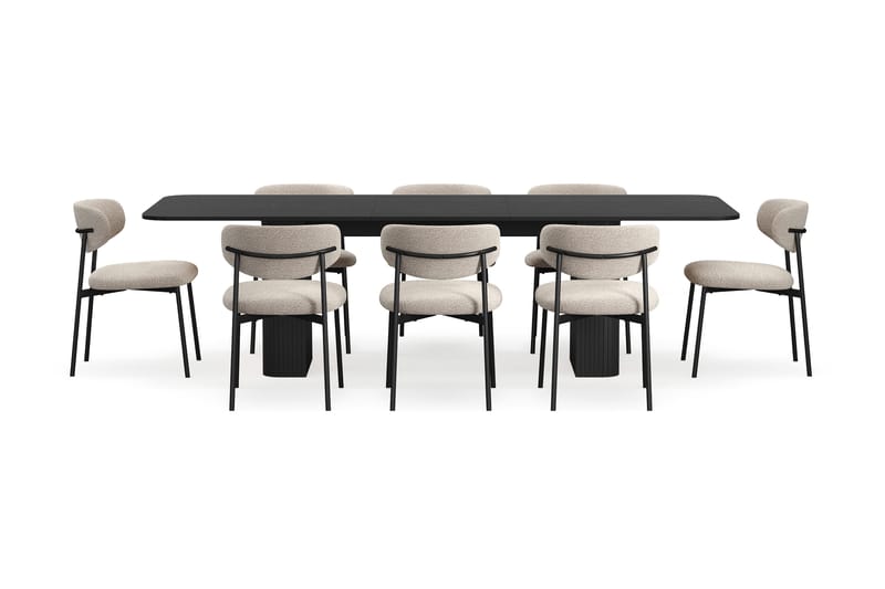 Kopparbo Matbord 200-260 cm Förlängningsbart med 8 Lucy Matstolar - Svart / Greige Bouclé / Metallben Svart - Möbler - Matplats - Matgrupp & matbord med stolar