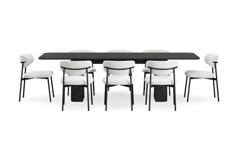Kopparbo Matbord 200-260 cm Förlängningsbart med 8 Lucy Matstolar - Svart / Vit Bouclé / Metallben Svart - Möbler - Matplats - Matgrupp & matbord med stolar