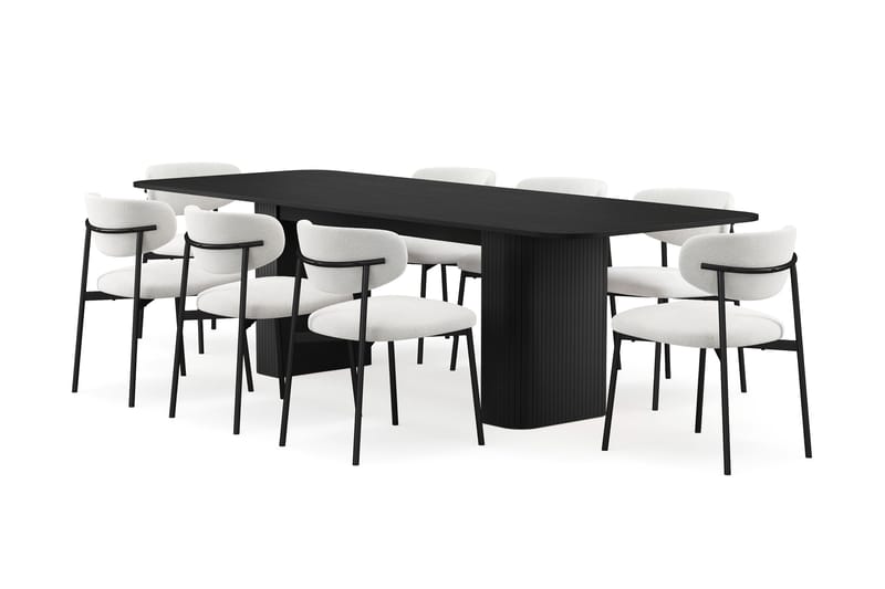 Kopparbo Matbord 200-260 cm Förlängningsbart med 8 Lucy Matstolar, Svart / Vit Bouclé / Metallben Svart