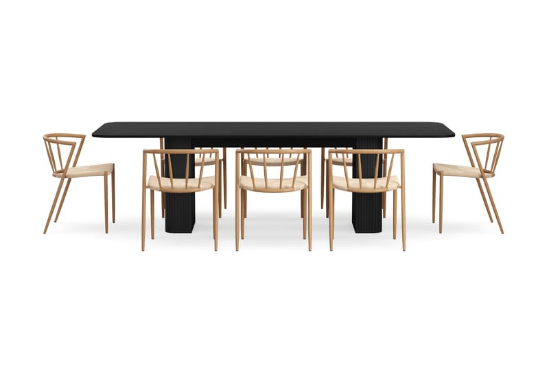 Kopparbo Matbord 200-260 cm Förlängningsbart med 8 Winston Matstolar - Svart / Beige / Metallben Ek - Möbler - Matplats - Matgrupp & matbord med stolar
