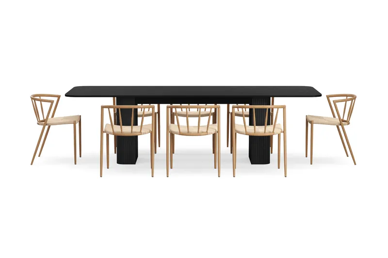 Kopparbo Matbord 200-260 cm Förlängningsbart med 8 Winston Matstolar - Svart / Beige / Metallben Ek - Möbler - Matplats - Matgrupp & matbord med stolar