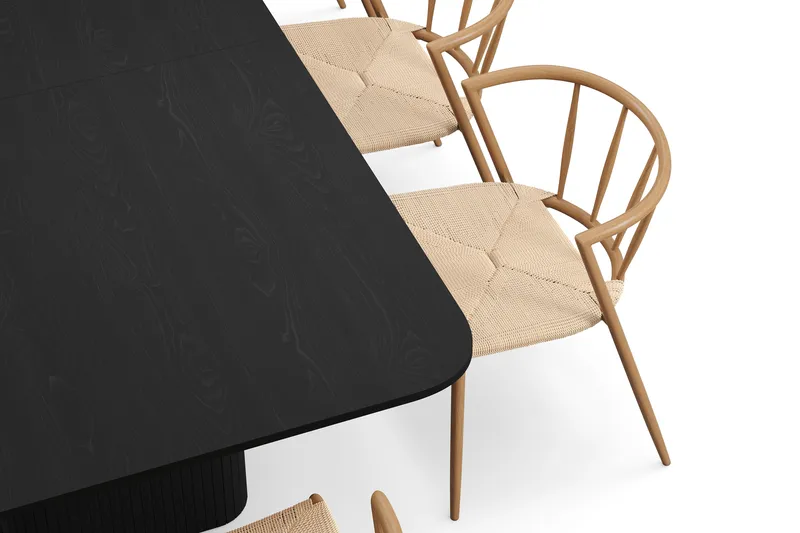 Kopparbo Matbord 200-260 cm Förlängningsbart med 8 Winston Matstolar - Svart / Beige / Metallben Ek - Möbler - Matplats - Matgrupp & matbord med stolar