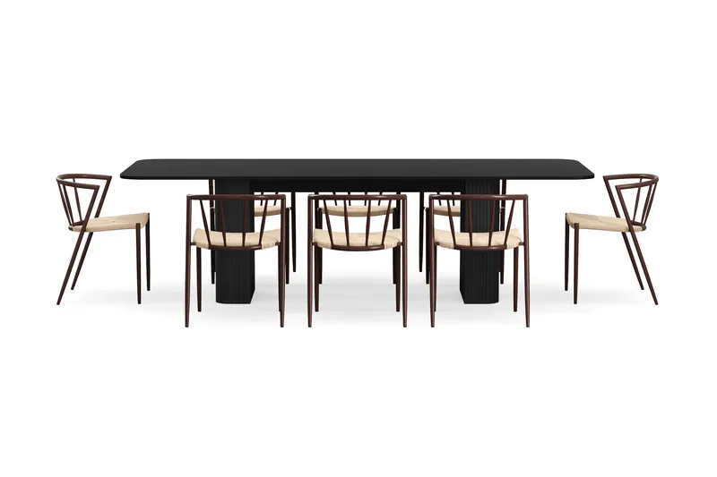 Kopparbo Matbord 200-260 cm Förlängningsbart med 8 Winston Matstolar - Svart / Beige / Metallben Rökt ek - Möbler - Matplats - Matgrupp & matbord med stolar