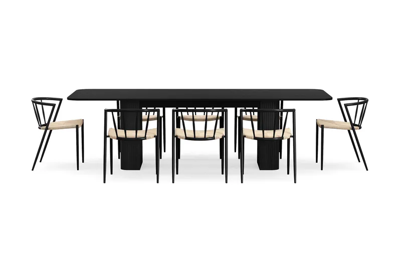 Kopparbo Matbord 200-260 cm Förlängningsbart med 8 Winston Matstolar - Svart / Beige / Metallben Svart - Möbler - Matplats - Matgrupp & matbord med stolar
