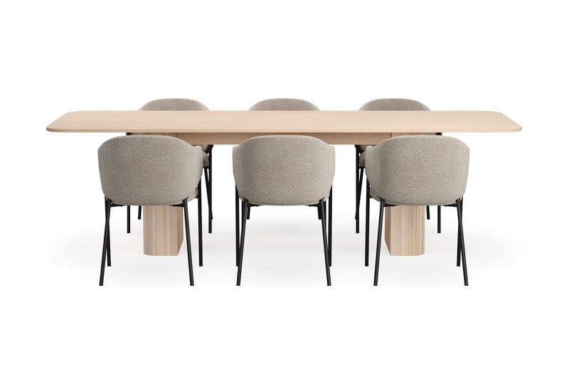Kopparbo Matbord 200-260 cm Förlängningsbart med illäggsskiv med 6 Filip Matstolar - Vit / Taupe Bouclé - Möbler - Matplats - Matgrupp & matbord med stolar