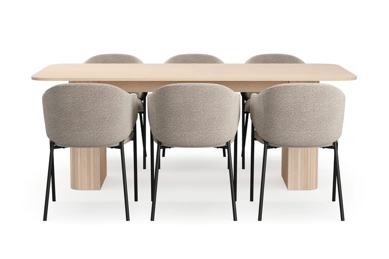 Kopparbo Matbord 200-260 cm Förlängningsbart med illäggsskiv med 6 Filip Matstolar - Vit / Taupe Bouclé - Möbler - Matplats - Matgrupp & matbord med stolar
