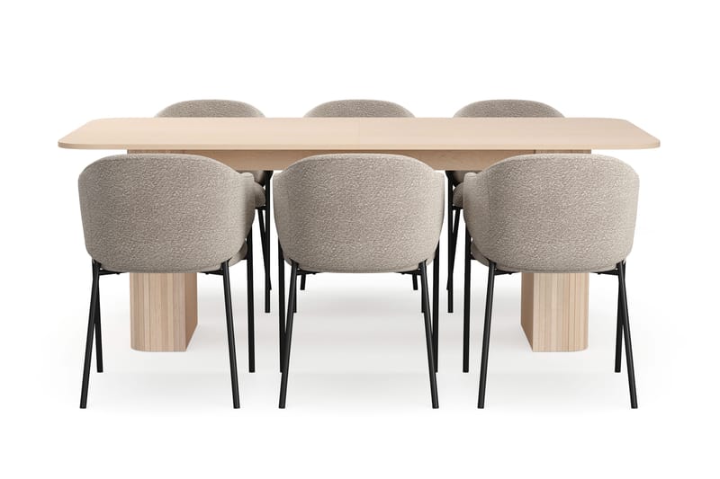Kopparbo Matbord 200-260 cm Förlängningsbart med illäggsskiv med 6 Filip Matstolar - Vit / Taupe Bouclé - Möbler - Matplats - Matgrupp & matbord med stolar