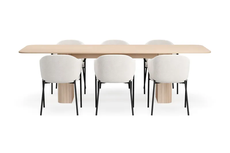 Kopparbo Matbord 200-260 cm Förlängningsbart med illäggsskiv med 6 Filip Matstolar - Vit / Vit Bouclé - Möbler - Matplats - Matgrupp & matbord med stolar