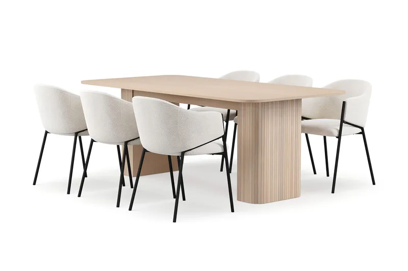 Kopparbo Matbord 200-260 cm Förlängningsbart med illäggsskiv med 6 Filip Matstolar, Vit / Vit Bouclé